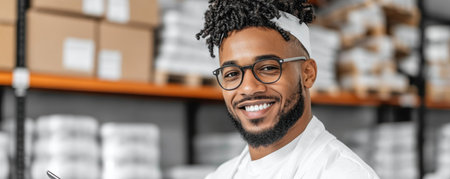 A logistics manager leverages tablet analytics amidst towering warehouse shelves to optimize supply chain operations Modern technology empowers precise inventory tracking, streamlining workflows and maximizing efficiency Data-driven decisions foster streamlined operations, reducing costs and improving customer satisfaction within the distribution center Smart logistics solutions enhance overall productivity in today's competitive AI Generativeの素材