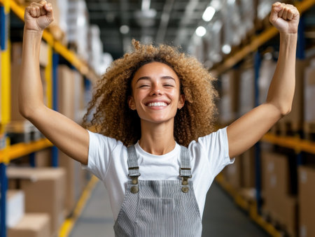 Witness an empowered female entrepreneur's e-commerce success! This image captures her triumph, highlighting streamlined operations and efficient logistics within her bustling warehouse It embodies hard work, dedication, and the sweet taste of entrepreneurial victory Perfect for illustrating articles on small business success, female empowerment, logistics, and strategic online business management AI Generativeの素材