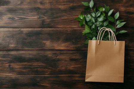 Shop sustainably with this minimalist image of a recycled paper bag and green leaves Embrace zero-waste practices and support eco-friendly retail Discover biodegradable packaging, ethical sourcing, and conscious consumerism Reduce waste, choose reusable bags, and contribute to a greener planet Foster a circular economy and a healthier world through responsible AI Generativeの素材
