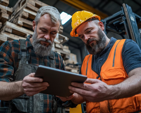 Boost your supply chain with our warehouse solutions! See real-time data and streamlined operations in action as a manager uses a tablet to scan packages Witness enhanced productivity, efficient coordination, and optimized workflow, leading to improved inventory management, faster delivery times, and greater customer satisfaction Worldwide solutions available 24/7 AI Generativeの素材