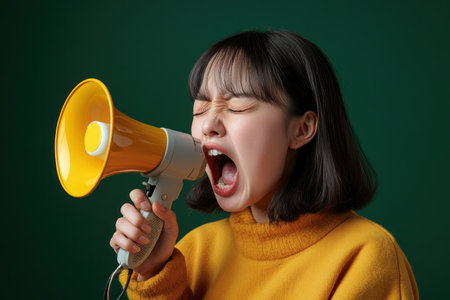 A woman shouting through a megaphone emerging from a smartphone embodies modern communication and digital activism This dynamic image highlights technology's impact on expression, user-generated content, and amplified voices Perfect for marketing, social media, and illustrating innovation and influence, it showcases how smartphones can drive change and maximize message awareness AI Generativeの素材