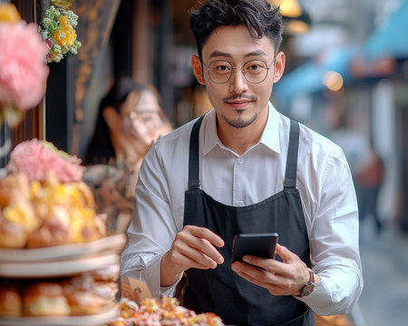 Witness restaurant efficiency redefined! A waiter effortlessly transmits orders via touchpad to the kitchen, powered by cutting-edge wireless technology Experience enhanced service, order accuracy, and optimized operations, leading to increased customer satisfaction Discover the benefits of modern technology in this bustling cafe, showcasing the future of seamless dining AI Generativeの素材