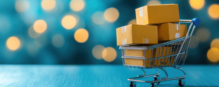 A miniature shopping cart filled with boxes against a vibrant blue background visually embodies ecommerce success Perfect for showcasing online shopping, fast delivery, and efficient order fulfillment, this image highlights seamless online purchases and reliable logistics Ideal for advertising campaigns, it captures the essence of modern online commerce in a AI Generativeの素材
