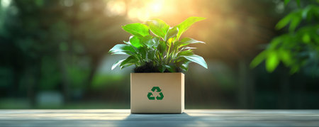 This image embodies eco-conscious shipping's future with reusable packaging, marked by a recycling symbol against a vibrant green backdrop It symbolizes sustainability in logistics, promoting recyclable materials and waste reduction Discover innovative, eco-friendly packaging and transportation solutions to create a greener supply chain and embrace environmentally responsible business practices AI Generativeの素材