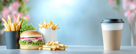 Witness the future of fast food: eco-friendly packaging! Images showcase burgers, fries, and coffee in sustainable containers, blending delicious convenience with environmental responsibility Businesses can minimize their carbon footprint with these innovative materials, contributing to a greener planet while offering convenient, on-the-go meals AI Generativeの素材