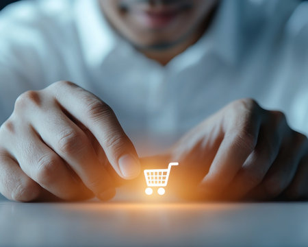 Boost your e-commerce visuals with this image of a businessman selecting a shopping cart icon on a virtual marketplace It symbolizes seamless online retail experiences, potential purchases, and easy browsing Captivate your audience and enhance your projects with this compelling representation of digital engagement AI Generativeの素材