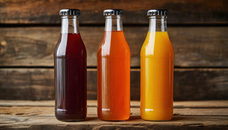 Revitalize your body with our delicious detox smoothies! Fresh fruit and vegetable juices in vibrant glass bottles offer a nutritious cleanse Packed with vitamins and antioxidants, our blends promote weight loss, boost energy, and enhance overall wellness Enjoy these refreshing red, orange, and yellow beverages any time, and experience nature's AI Generativeの素材