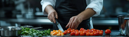 Witness culinary artistry in action: a chef skillfully preps vibrant, fresh vegetables in a bustling commercial kitchen This image embodies sustainable cooking, highlighting the farm-to-table movement with local ingredients The chef transforms raw produce into masterpieces, representing healthy eating, sustainable practices, and the pinnacle of culinary innovation AI Generativeの素材