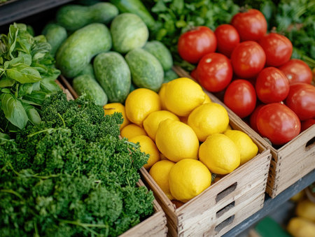 Shop sustainably at our grocery store for vibrant, fresh organic fruits and vegetables packaged in reusable containers Support local farmers, reduce waste, and embrace a healthier lifestyle Explore colorful displays of seasonal produce in eco-conscious packaging, contributing to a greener future and a healthier community AI Generativeの素材