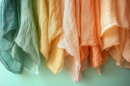 Showcase your eco-conscious brand with this image featuring hand-dyed clothes in warm, natural tones Highlighting sustainable style, ethically sourced fabrics, and artisan craftsmanship, these garments are dyed with natural pigments for a unique, earth-friendly aesthetic Promote mindful consumption and embrace slow fashion with our sustainable apparel options Ample text space AI Generativeの素材