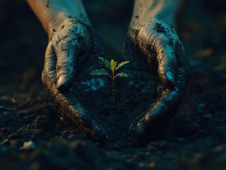 Celebrate Earth Day! Witness the potent image of hands cradling a miniature forest on rich soil, a powerful symbol of environmental conservation This visual underscores human action's crucial role in protecting Earth's ecosystems Support sustainable practices and embrace environmental responsibility this Earth Day! AI Generativeの素材