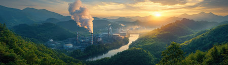 Visualize a green industry eco-power factory, a symbol of clean energy, emitting minimal carbon and nestled harmoniously in lush landscapes This innovative facility showcases sustainable industrial progress, advanced technology reducing emissions, and powering communities Witness the promise of a balanced ecosystem through eco-friendly operations, embracing a sustainable future for generations AI Generativeの素材