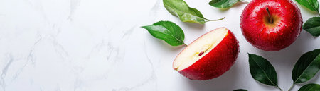 Experience the vibrant allure of this Red Apple Composition A fresh apple, sliced and adorned with green leaves, pops against a clean white background This captivating still life, ideal for culinary and nutritional projects, celebrates healthy eating with a visually stunning focal point Savor the beauty and refreshing appeal of AI Generativeの素材