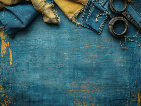 Unleash your creativity with upcycling! This image inspires sustainable fashion by transforming old denim and sewing scraps into stylish new creations Embrace the circular economy and reduce waste through DIY projects Perfect for eco-conscious designers and crafters, discover innovative techniques to breathe new life into discarded fabrics, promoting a greener AI Generativeの素材