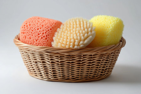 Embrace sustainable living with our Eco Cleaning Essentials! This image showcases natural brushes, sponges, and cloths in a basket against a clean, white background Discover reusable, non-toxic alternatives for dishwashing, scrubbing, and tidying, promoting a healthier home and a zero-waste lifestyle Clean with purpose, reducing waste and creating a beautiful, AI Generativeの素材
