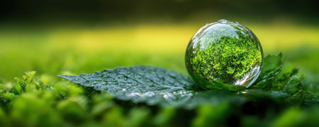 This evocative image captures sustainability's essence: a glass globe nestled on a vibrant leaf symbolizes ESG, environmental responsibility, and ecological balance It represents conscious investment, ethical governance, and social impact, showcasing commitment to a greener planet Perfect for ESG strategies, eco-friendly initiatives, and sustainable development, promoting conservation and the harmony AI Generativeの素材