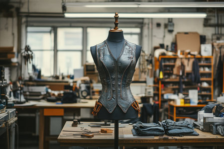 Step into a fashion atelier where a tailor meticulously crafts a garment on a mannequin, embodying the essence of slow fashion This image celebrates the artistry of handmade clothing, showcasing the dedication to sustainable practices and unique, high-quality design Discover intricate details and timeless elegance in this haven where every AI Generativeの素材