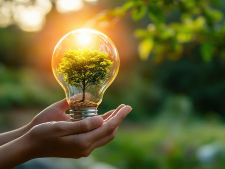 A luminous light bulb nurtures a thriving tree, symbolizing sustainable energy and environmental commitment This image embodies hope, innovation, and the balance between technology and nature It represents green initiatives, ecological awareness, and bright ideas for a healthier planet Join us in supporting sustainable practices and preserving our planet's beauty AI Generativeの素材