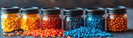 Witness the dawn of eco-conscious production! This image showcases vibrant recycled plastic pellets, symbolizing a shift towards sustainable manufacturing and a circular economy Transforming waste into valuable resources, these pellets fuel a greener industrial landscape, highlighting innovation in recycling and promoting environmental stewardship in business and education AI Generativeの素材