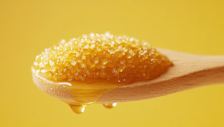 Immerse yourself in golden delight with this close-up of honey dripping from a wooden dipper against a sunny yellow backdrop Experience the rich amber hues and delectable texture of pure honey, evoking warmth and natural goodness Perfect for culinary, health, and wellness projects, this image enhances your visual narrative with AI Generativeの素材