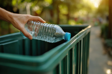 A hand placing a plastic bottle in a recycling bin symbolizes responsible waste disposal and environmental stewardship By recycling, we reduce landfill waste, conserve resources, and promote a cleaner planet Embrace conscious consumption, proper sorting, and join the movement towards a circular economy, ensuring a sustainable world for future generations AI Generativeの素材
