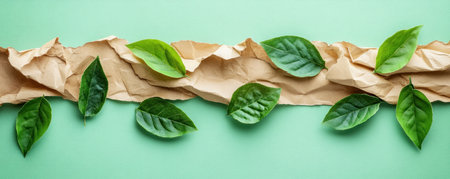 Showcasing sustainable living, a flat lay features craft paper and sprouting green leaves on a mint background, symbolizing zero waste and eco-friendliness Ideal for blogs and creative projects, this top-view image evokes natural beauty and environmental responsibility Download this inspiring visual to promote a greener lifestyle, mindful consumption, and dedication AI Generativeの素材
