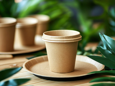 Discover eco-friendly food packaging solutions: biodegradable paper plates, cups, and recyclable tableware Embrace sustainable practices with our environmentally conscious products, clearly marked for easy recycling Choose renewable resources, reduce waste, and make a positive impact Explore beautiful, functional eco-friendly tableware for every occasion Join the eco-revolution and build a greener AI Generativeの素材
