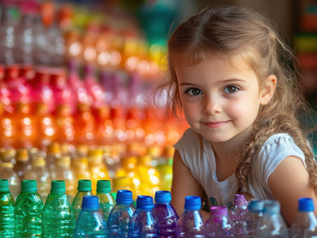 Fuel creativity and eco-consciousness with this image of a young girl joyfully upcycling a plastic bottle into art Showcase the beauty and potential of repurposing waste, promoting sustainable living and environmental awareness Ideal for blogs, educational materials, and campaigns advocating for child development and responsible consumerism, fostering a greener future AI Generativeの素材
