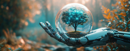 A robotic hand delicately cradles Earth's future: a glass globe containing a thriving tree This image embodies the potent fusion of technology and environmental conservation Witness the potential of robotics to foster sustainability, creating a harmonious future where artificial intelligence supports ecological balance and humanity safeguards our planet Discover this AI Generativeの素材