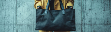 Elevate your brand with this sophisticated tote bag mockup! A stylish model showcases a black cotton bag against a wall, perfect for visualizing your designs Ideal for online stores and portfolios, this high-quality image offers a realistic, professional presentation of your artwork on an eco-friendly accessory, attracting customers and enhancing AI Generativeの素材