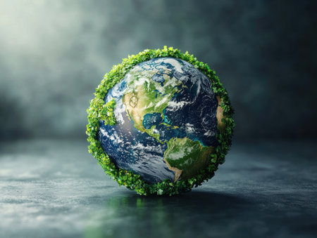 Imagine Earth adorned with the recycling symbol: a powerful image of global eco-friendly living It signifies sustainable waste management, resource conservation, and a commitment to preserving our planet for a greener tomorrow This inspiring visual promotes environmental stewardship, a balanced ecosystem, and a circular economy, urging collective action towards a AI Generativeの素材