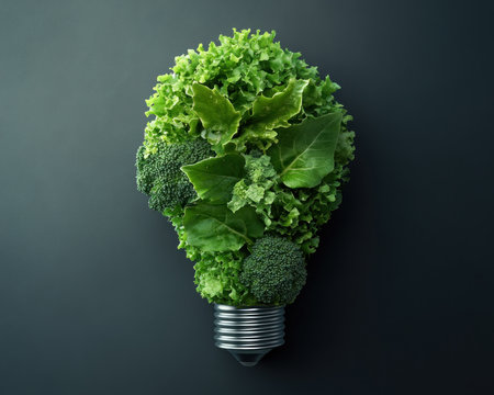 A light bulb crafted from vibrant green leaves visually represents sustainable energy and environmental responsibility This captivating image embodies clean power, merging nature and technology Explore renewable resources, promote eco-conscious living, and inspire change towards a greener future Ideal for promoting environmental awareness and celebrating environmental stewardship Perfect for infographics AI Generativeの素材