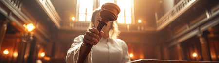 In a gripping courtroom scene, justice hangs heavy as the honorable female judge delivers the final sentence A cinematic close-up captures the gavel's dramatic descent, symbolizing the culmination of the trial The striking mallet emphasizes the weight of the verdict, representing law, order, and the relentless pursuit of truth Justice AI Generativeの素材