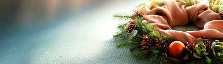 Embrace the holidays with this cozy Christmas wreath A textured green knitted backdrop showcases a beautiful pine wreath adorned with classic Christmas decor Perfect for welcoming guests, it brings festive charm and seasonal elegance indoors Its rich colors and textures evoke cherished memories, spreading holiday joy and creating a welcoming AI Generativeの素材