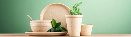 Embrace sustainable dining with this biodegradable tableware set! Featuring plates, cups, and bowls on a light green background, it's perfect for eco-conscious consumers Ideal for picnics, parties, and daily use, this compostable dishware reduces environmental impact, offering a stylish alternative to plastic Enjoy nature's beauty while dining responsibly with this AI Generativeの素材