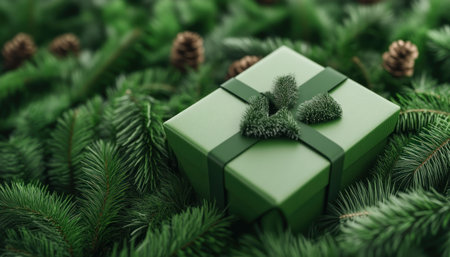 Embrace a green Christmas with this image showcasing eco-friendly gifting A gift box with a recycling symbol rests among pine branches and sustainable packaging Discover ideas for sustainable presents, eco-conscious wrapping, and environmentally responsible celebrations Find inspiration to reduce your carbon footprint with beautifully presented, earth-friendly gifts and spread holiday AI Generativeの素材