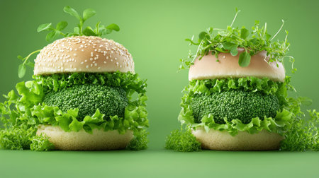 Enjoy a guilt-free comfort food with these vibrant green broccoli and quinoa burgers! A delicious and nutritious alternative to meat, these patties are packed with flavor and fiber Served with crisp lettuce and fresh microgreens, they're perfect for a light lunch or satisfying dinner Elevate your plant-based meals with this AI Generativeの素材