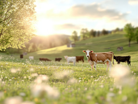 Experience the tranquility of Australian farming with this image of Angus, Wagyu, and Murray Grey cattle peacefully grazing on a lush, sun-drenched hill Witness sustainable agriculture where ethically raised beef thrives in harmony with the pristine landscape This serene pastoral scene showcases the superior quality and natural flavor born from AI Generativeの素材
