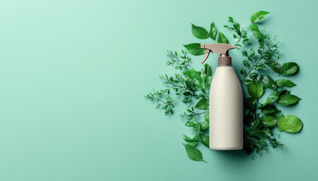 Embrace eco-friendly cleaning with nature's power! Imagine a spray bottle amidst floating green leaves, symbolizing environmental care Discover sustainable solutions for a sparkling home using natural ingredients and eco-conscious practices Switch to plant-based alternatives for a healthier planet and brighter future Green cleaning: key for the future! AI Generativeの素材