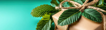 A mint background with green leaves sprouting from craft paper promotes sustainable living This flat lay inspires eco-conscious choices: zero waste, eco-friendly gifts, and mindful packaging Ideal for green initiatives and ethical brands, it encourages reducing your environmental footprint Discover nature's harmony, thoughtful design, and a brighter, sustainable future Share AI Generativeの素材