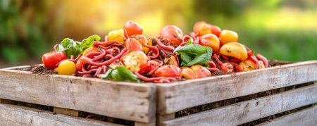 Discover sustainable farming with vermicomposting! Witness worms transforming organic waste into nutrient-rich soil, enriching the land naturally This eco-friendly solution reduces synthetic fertilizer reliance, boosting soil health and biodiversity Learn how organic farms embrace vermicomposting to enhance production, support a circular economy, and revitalize the land for future generations AI Generativeの素材