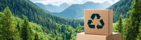 A recycled cardboard box with a recycling logo sits against a vibrant green forest, symbolizing eco-friendly packaging and sustainable living This image promotes environmental awareness, responsible consumerism, and the vital link between recycling and a healthier planet Perfect for campaigns and educational materials inspiring eco-consciousness and a greener future AI Generativeの素材