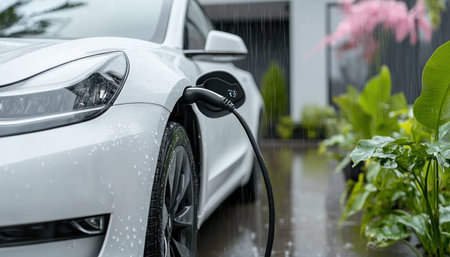 Experience the future of sustainable living with an electric car charging at home, surrounded by vibrant greenery in the rain This image embodies the synergy of eco-friendly innovation and serene domesticity, showcasing zero-emission technology It inspires environmental awareness, promotes clean energy, and envisions a cleaner tomorrow, charging today AI Generativeの素材