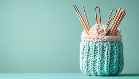 Capture the charm of crafting with this still life image showcasing a cozy jar adorned with a knitted cover Inside, knitting needles and crochet hooks hint at textile artistry and creative joy Perfect for promoting knitting supplies, this close-up view celebrates the textures, colors, and inspiration found in the world AI Generativeの素材