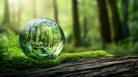 A glass globe embraced by a lush green forest embodies a sustainable future powered by ESG principles Sustainability icons and circular economy concepts intertwine, showcasing environmental responsibility and economic prosperity Witness the harmonious blend of nature and innovation, forging a brighter tomorrow Explore how ESG integration with nature shapes a AI Generativeの素材