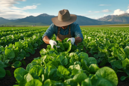 Immerse yourself in the beauty of regenerative agriculture Witness dedicated farmers cultivating flourishing plants on a serene, organic farm Experience sustainable practices nurturing vibrant crops and healthy soil, creating a thriving ecosystem See the dedication invested in land care, promoting biodiversity, and enhancing the environment Discover the future of sustainable AI Generativeの素材