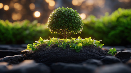 Environmental technology fosters Sustainable Development Goals, symbolized by a sapling emerging from fertile soil This image embodies ecological balance, green innovation, and environmental stewardship Explore solutions for clean energy, waste reduction, and conservation, promoting a harmonious coexistence with nature It represents hope, growth, and commitment to sustainable practices, safeguarding our AI Generativeの素材