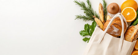 This vibrant image promotes sustainable living with a reusable shopping bag overflowing with fresh produce against a clean white background It showcases healthy eating, environmental consciousness, and the joy of eco-friendly grocery shopping Perfect for illustrating farmers markets, reducing plastic waste, and supporting local agriculture, it embodies a commitment to AI Generativeの素材