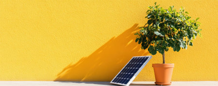 Embrace sustainable energy with this image showcasing a solar panel and battery, leaning against a modern wall Discover clean energy advancements for eco-friendly home improvements Imagine a future powered by renewable energy, reducing your carbon footprint and promoting green living Explore innovative solutions for powering homes and investing in a AI Generativeの素材