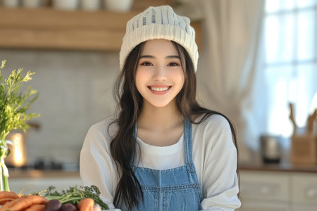 A radiant woman shares her homegrown beets and carrots, embodying vibrant health through plant-based nutrition Experience the joy of fresh, organic produce and sustainable living with locally sourced vegetables Embrace a healthy lifestyle with farm-fresh goodness, celebrating the benefits of plant-based diets and supporting local farmers for nourishment and well-being AI Generativeの素材